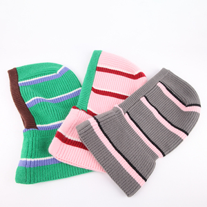 Striped Knitted <b>Beanie</b> Hat With Button Decoration Unisex Winter Cap For Adults 56-58CM Head Circumference - Product Image 6