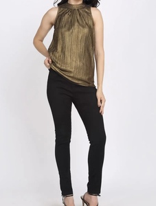 Haut plissé de haute qualité pour femme, col montant, sans manches, en polyester brillant, chemisier plissé, tenue de soirée, coupe ample, nouveau haut tendance - Product Image 5