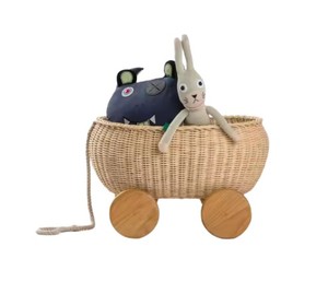 Handwoven Rattan Toy Storage Cart with Wooden Wheels, Wicker <b>Pull</b> Wagon Basket for Kids Toys, Nursery Organizer & Baby Room - Product Image 2
