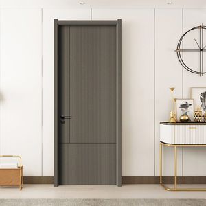 Puerta Interior Moderna Precolgada de MDF con Acabado de Chapa de Madera Sólida de Nogal Marrón para Apertura Lateral - Product Image 2