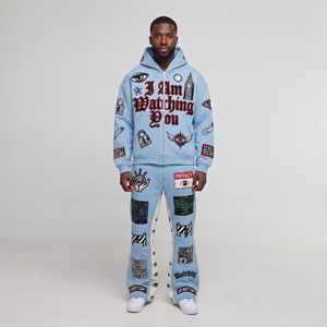 Ensemble de survêtement streetwear pour homme avec sweat à capuche zippé et pantalon large en molleton de coton épais - Product Image 1