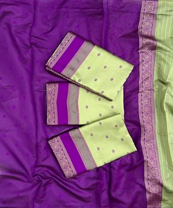 Sari de Seda Verde Claro con Borde Morado, Vestido de Boda Tradicional Indio, Estilo Banarasi, Largo hasta el Suelo, para Mujer - Product Image 5