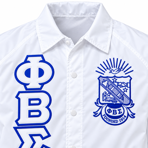 Phi Beta Sigma <b>White</b> <b>Men</b> Coach <b>Jacket</b> Embroidered Crest Snap Button Long Sleeve Lightweight Windbreaker with Pockets Fraternity - Product Image 5