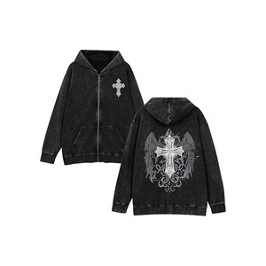 Vintage Goth Punk Zip Up Hoodies for Men Grunge Streetwear Oversized Gothic <b>Cross</b> Graphic Acid Wash Sweatshirt <b>Tops</b> - Product Image 1