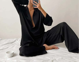 Ensemble de pyjama en satin de soie pour femme, manches longues, col cranté, couleur unie, vêtements de nuit de luxe, pantalon taille haute - Product Image 3