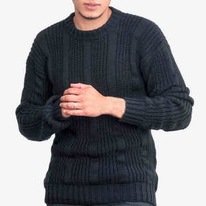 Pull en maille épaisse pour homme, couleur unie, hiver, manches longues, laine/acrylique, coupe classique, détail troué - Product Image 1