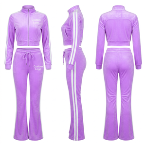 Women <b>Purple</b> <b>Velvet</b> Tracksuit Set Stand Collar Zip Up Top Letter Print Side Stripe Flare Pants - Product Image 1