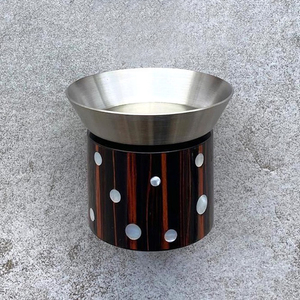 Arabic Incense <b>Burner</b> Features A Flared <b>Silver</b> Metal Cup On A Dark Wood Base Inlaid With Polka Dot Mother Of Pearl For Fragrance - Product Image 1