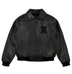 2026 Avirex Men's Black PU Leather Bomber <b>Jacket</b> with Patch Embroidery Design Turn-down Collar Zipper Closure Regular Fit - Product Image 1