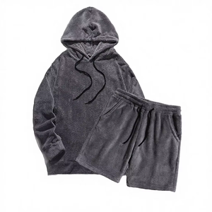 Men's Hooded Fleece Sweatshirt And Shorts <b>Set</b> Solid Color Thermal Winter Casual Wear - Product Image 3
