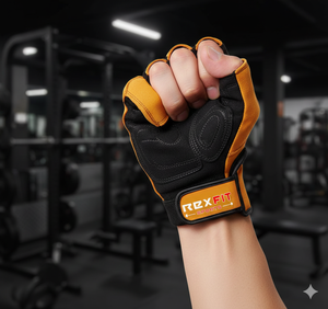 Rexfit Half <b>Finger</b> Gym Fitness Gloves Black Orange PU Leather Adjustable Wrist <b>Strap</b> Weight Lifting Unisex Half <b>Finger</b> Gym Glove - Product Image 1
