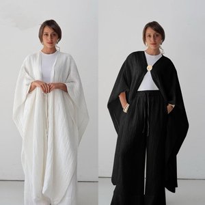 Women Abaya Set <b>Bubble</b> Wrinkle Modest Cardigan and Wide Leg Pants Islamic Clothing for Daily Prayer <b>Wedding</b> - Product Image 4