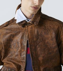 Chaqueta Bomber de Cuero Marrón Desgastado para Hombre, Cuello Alto, Acabado Vintage, Puños de Punto Acanalado, Ecológica, de Secado Rápido y Transpirable para Otoño - Product Image 3