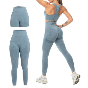 Women Gray Seamless Yoga Set Sports <b>Bra</b> High Waist Leggings 3 Piece Workout Activewear Full Length <b>Racerback</b> Crop Top - Product Image 5