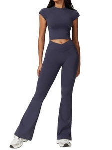 Yoga Set Women Short Sleeve <b>Crop</b> Top Slim Fit Stretchy High Waist Flare <b>Leggings</b> Fitness Suit Workout Gym Running Tracksuit - Product Image 5