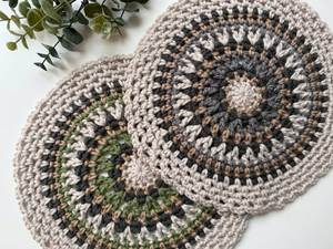Layered Multi-Shade Mandala Design Coasters 3 Pieces Crochet Earthy Soft Durable Cotton Boho Heat Proof Drink <b>Kitchen</b> Accent - Product Image 2