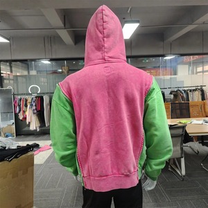 Sweat-shirt à capuche unisexe à blocs de couleur, zippé, en polaire, coupe oversize décontractée, vert rose, coupe classique, pour l'automne - Product Image 3