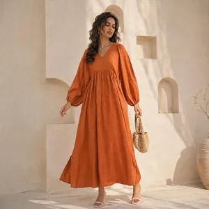 Bohemian Plain Orange V-Neck Maxi <b>Dress</b> with Full Sleeve <b>Loose</b> Fit Solid Color Summer Casual 100% Cotton Eco-Friendly for Women - Product Image 1