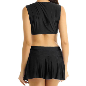 Black Two Piece Cheerleading Uniform Set Crop Top With White Stripes And Pleated <b>Skirt</b> For Adults - Product Image 6