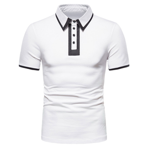 Polo à manches courtes blanc pour homme avec bordure noire, boutons, décontracté, en coton tricoté - Product Image 2