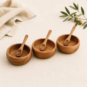 Premium Handcrafted Acacia Wood <b>Condiment</b> Serving Set Eco-Friendly 3-Bowl Wooden <b>Tray</b> with Matching Spoons for Snacks and Dips - Product Image 3