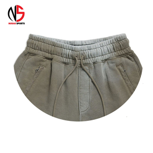 Shorts décontractés pour hommes à taille mi-haute avec cordon de serrage, en toile de coton polyester 300g, délavé à l'acide, style vintage, avec logo personnalisé, séchage rapide - Product Image 4