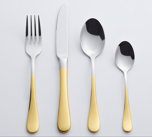 Ensemble de couverts minimalistes en acier inoxydable avec manche doré, compatible lave-vaisselle, fourchette, couteau, cuillère, vaisselle de mariage - Product Image 1