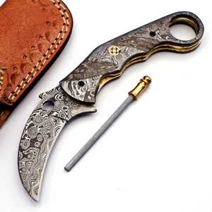 Cuchillo Plegable de Acero de Damasco SHARP POINT TRADES DIY con Hoja de Borde Recto, Apertura con Perilla, Mango de Madera y Diseño Artístico - Product Image 6