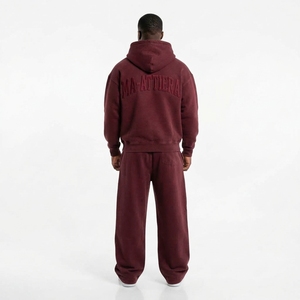 Conjunto de Sudadera con Capucha y Pantalones Anchos para Hombre, Color Borgoña Crema, Lavado Ácido, Diseño Gráfico con Paneles en Contraste, Ropa Deportiva Urbana, Personalizable OEM - Product Image 2