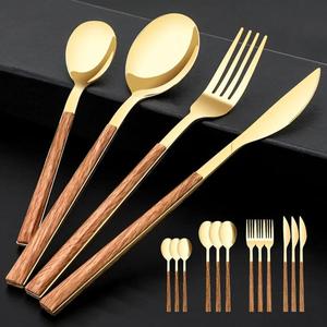 Ensemble de couverts en or de style japonais avec manches en bois, sans BPA, sans danger pour les aliments, idéal pour les restaurants, couverts de luxe. - Product Image 2
