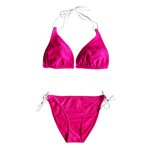 Women Pink Halter Bikini <b>Set</b> Two <b>Piece</b> Solid Color Stretch Fit Regular Style Tie Side Bottom Spandex Polyester Swimwear - Product Image 1
