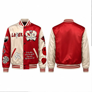 Veste universitaire rouge et crème pour homme avec motifs de patchs en forme de cœur, col rabattu, vêtement décontracté pour l'automne - Product Image 1