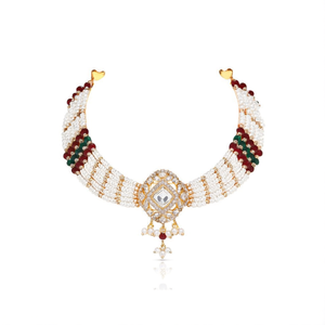 18k Gold Plated Diamond Choker <b>Necklace</b> <b>Set</b> with <b>Pearl</b> and Beads-Party Jewelry - Product Image 2