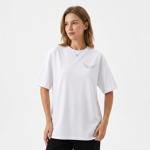 T-shirt blanc surdimensionné à manches courtes avec logo ailes en relief, haut décontracté en jersey de coton à col rond pour homme - Product Image 3