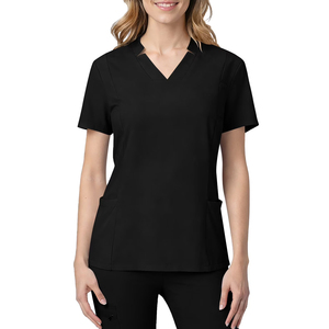 Women Black V-Neck Short Sleeve <b>Scrub</b> <b>Top</b> With Front Pockets Hospital Uniform Woven Cotton Polyester - Product Image 1