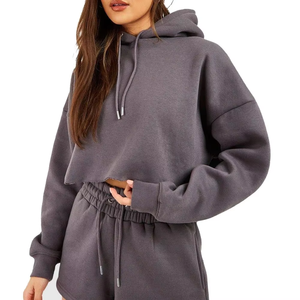 Conjunto de Sudadera Corta con Logotipo Personalizado para Mujer, Conjuntos Casuales, Ropa Deportiva para Dama, Conjunto de 2 Piezas de Pantalones Cortos y Sudadera con Capucha en Venta - Product Image 2