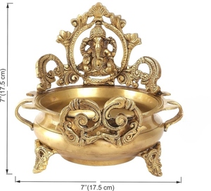 Urli de Latón Auspicioso con Ídolo de Ganesha y Asas, Tallado Étnico, Ecológico, Decoración para Bodas y Hogar - Product Image 2