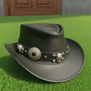 Sombrero de Vaquero Negro de Cuero Hecho a Mano de Primera Calidad con Banda de Calavera, Estilo Steampunk Gótico para Festivales de Rock - Product Image 1