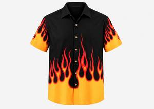 Chemise décontractée pour homme à manches courtes en tricot anti-rides, imprimé flamme, noir et jaune, en polyester popeline respirant pour l'été - Product Image 3