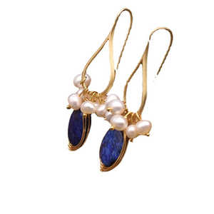 Pendientes de Perlas Naturales de Agua Dulce, Lapislázuli Azul, Forma Redonda, para Uso Diario de Mujeres - Product Image 4