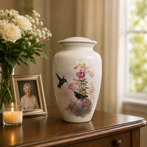 Urne funéraire pour cendres humaines, colibri blanc |   Souvenir commémoratif floral rose |   Urne funéraire pour adultes |   Élégant - Product Image 4
