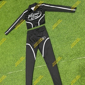 Vicious One Damen Sportliches 2-Teiliges Set Langarm Reißverschluss Kurze Crop-Top Hose Schnelltrocknend Für Alle Jahreszeiten Buchstabenmuster Bedruckt - Product Image 2