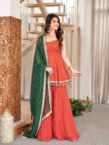<b>Women</b> Navratri Special Faux Georgette Bandhej Print Fancy Lace Hanging Latkan Work Kediya <b>Kurta</b>/Kurti InCotton.M Party All - Product Image 1