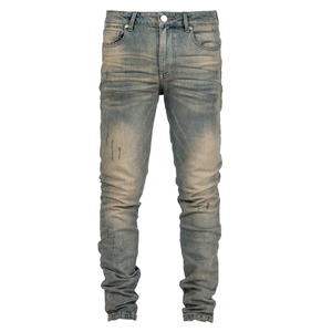 Jeans sur mesure pour hommes grandes tailles, coupe skinny droite avec déchirures boutonnées, en denim, logo à la taille, prix de gros - Product Image 1