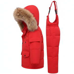 Premium Kids Red Winter Snowsuit Set Thick <b>Fur</b> Hooded Down Jacket and Padded Bib Pants for Boys and Girls Skiing - Product Image 2