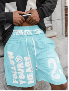 Men s Light Blue Printed Bermuda Shorts With Drawstring Waist And Pockets Breathable Casual Street Style From New York - Product Image 3