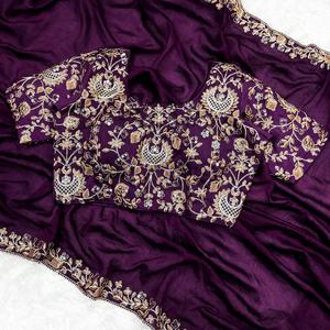 Premium Quality <b>Purple</b> Indian Long Anarkali Designer Silk <b>Saree</b> with Embroidery Work Customizable Blouse for Women Adults - Product Image 4