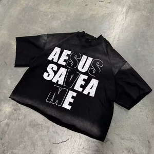 Camiseta de Manga Corta Oversize para Hombre Aesus Save Me, Estilo Urbano, Algodón Jersey, Cuello Redondo, Diseño con Letras Impresas - Product Image 4