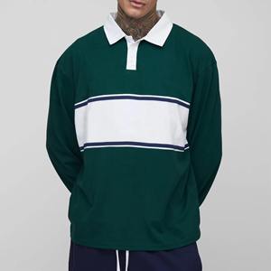 Chemises polo à manches longues en jersey rayé à blocs de couleur en coton de haute qualité avec logo brodé personnalisé 2026 - Product Image 1