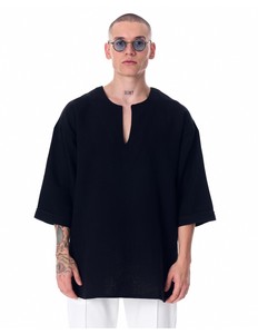 T-shirt noir surdimensionné pour homme, manches courtes, col rond, en coton tricoté, couleur unie, longueur longue, style streetwear - Product Image 3